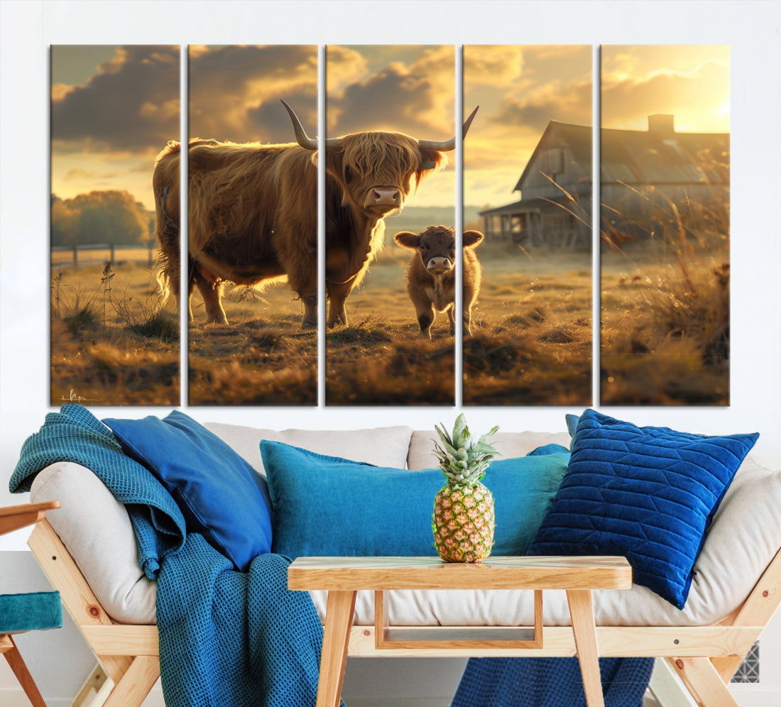 Highland Cow Canvas Wall Art Animal Print Pictures Fluffy Cattle Photo Framed Farmhouse Painting