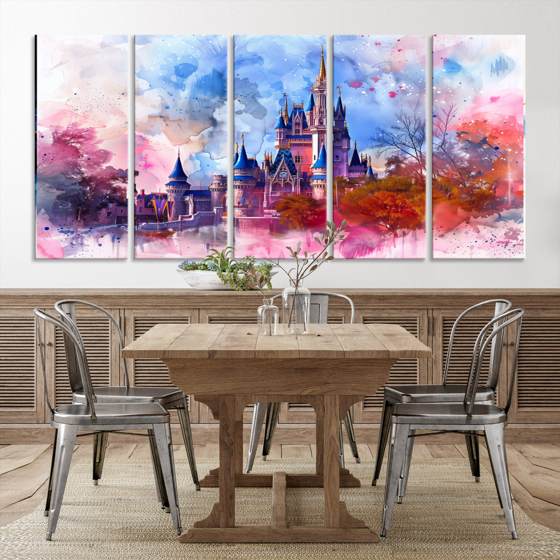 Magical Castle Wall Art Watercolor Canvas Print Framed and Shipped Large Canvas Wall Decor