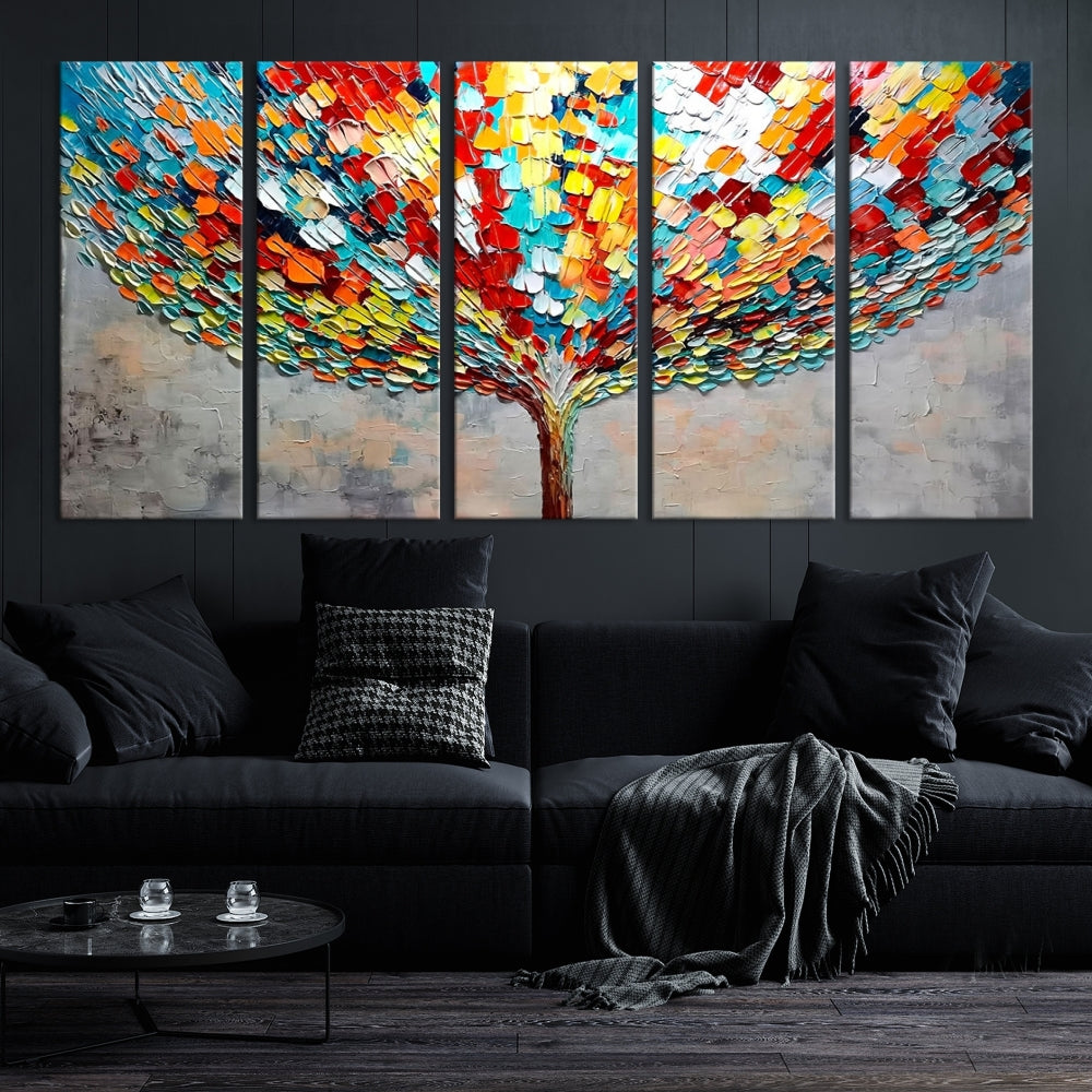Multicolored Canvas Wall Art Mosaic Tree Stained Glass Art Print Framed Wall Decor
