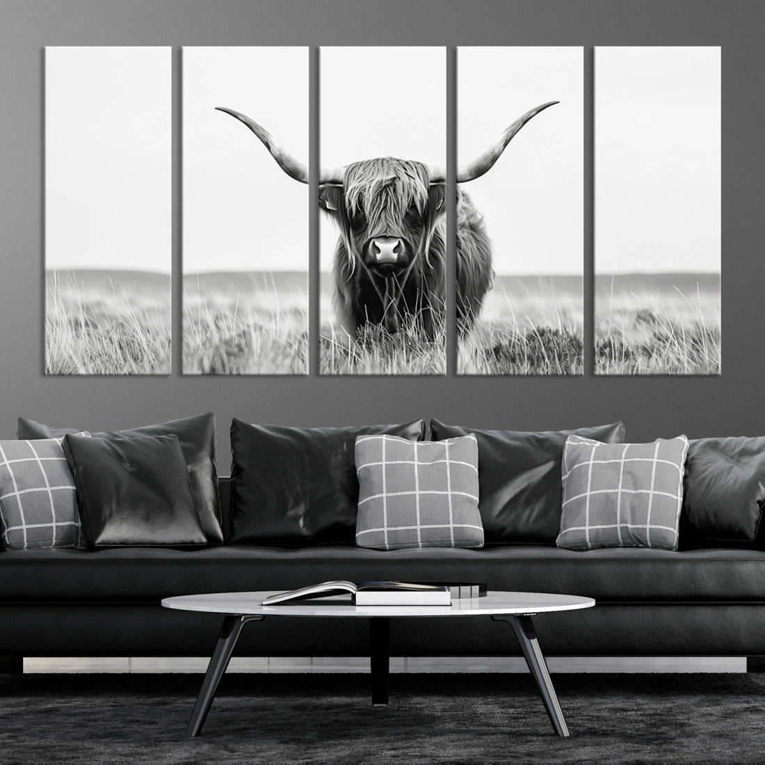 Bighorn Cow Animal Canvas Print Landscape Field Wall Art Longhorn Farmhouse Wall Decor