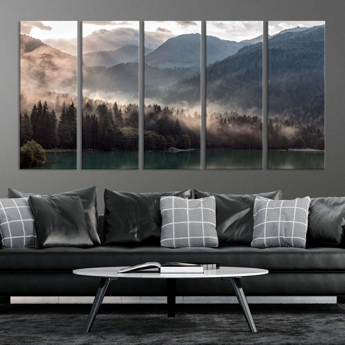 Green Foggy Forest Wall Art Mountain Landscape Canvas Print Living Room Wall Decor