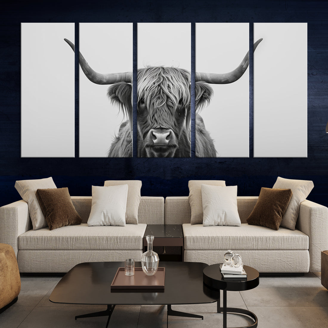 Bighorn Cow Black and White Animal Canvas Print Farmhouse Mountain House Wall Decor