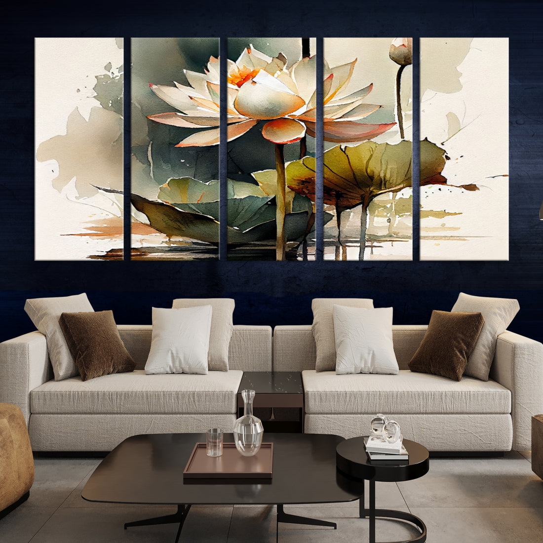 White Lotus Wall Art Floral Canvas Print, Lotus Flower Art Print, Set of 3 Wall Decor for Living Room
