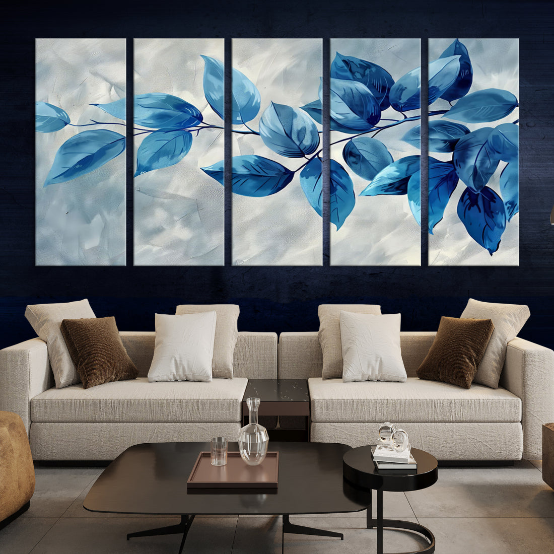 Blue leaves watercolor wall art Canvas print Botanical painting, Contemporary modern artwork