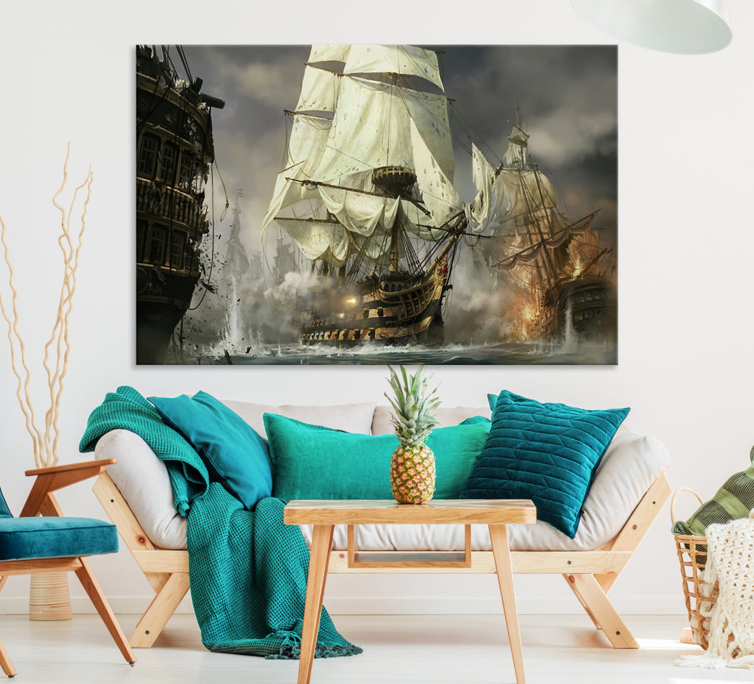 Pirate Battle Ships and Cannons Extra Large Canvas Wall Art Print Framed Set of 3