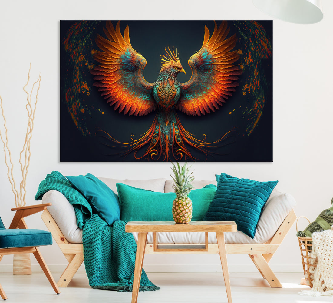 Red Orange Bird Canvas Art, Long Tailed Bird of Paradise, Phoenix Canvas Art,