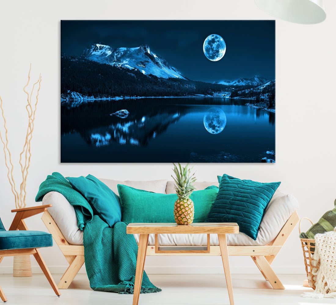 Blue Moon Mountain Lake Landscape Wall Art Canvas Print