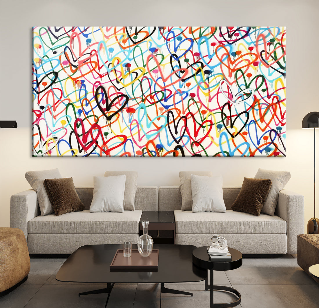 Colorful Hearts Watercolor Canvas Print Large Wall Art Friendship Love Gift for Birthday