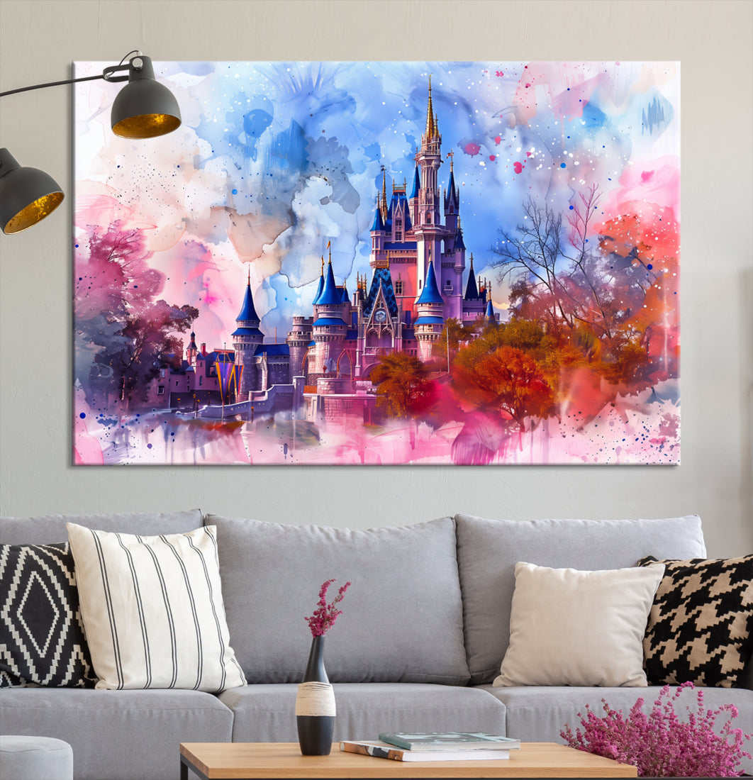 Magical Castle Wall Art Watercolor Canvas Print Framed and Shipped Large Canvas Wall Decor