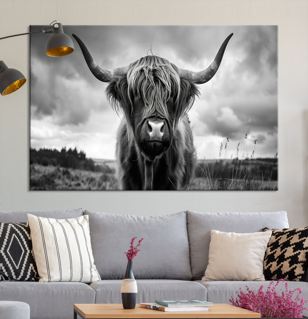 Longhorn Cow Black and White Canvas Print Framed Animal Art Farmhouse Wall Art