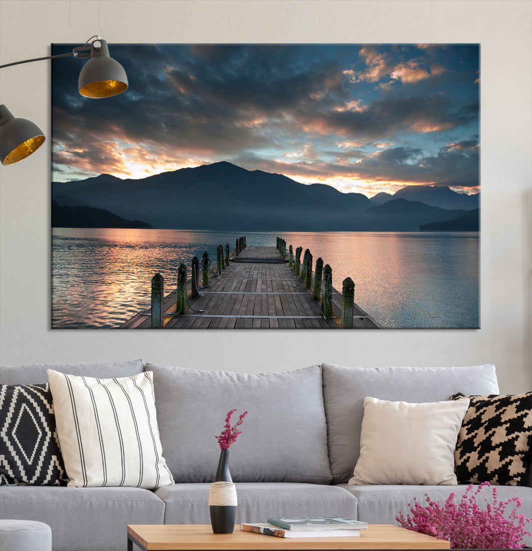 Amazing Sunset from Wooden Pier Canvas Print Relaxing Wall Art Large Living Room Wall Decor