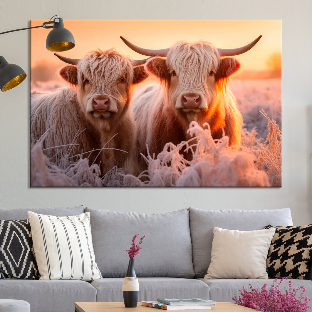 Scottish Cow and Baby Cow Canvas Wall Art Animal Print Fluffy Cattle Framed Farmhouse Decor