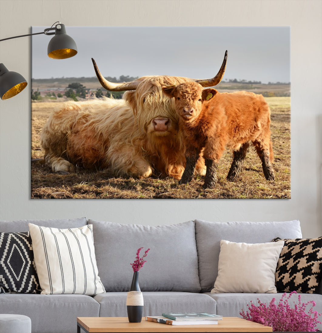 Highland Cow Canvas Wall Art Animal Print Pictures Highland Fluffy Cattle Photo Framed Farmhouse Painting
