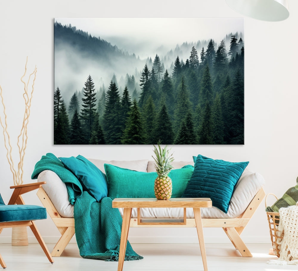 Captivating Misty Forest Wall ArtPremium Canvas Print for a Foggy and Serene Atmosphere