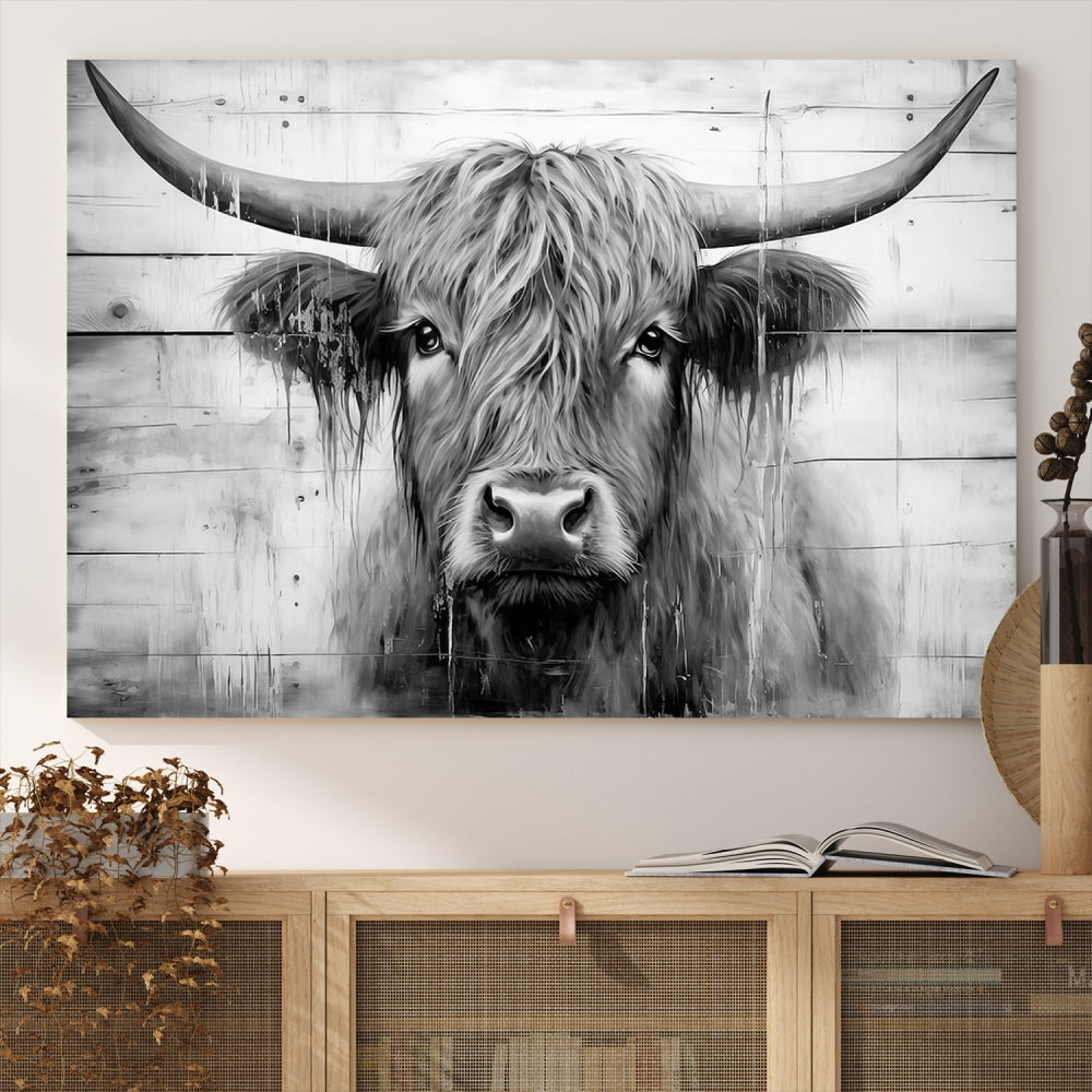 Black and White Highland Cow Canvas Print Framed Extra Large Farmhouse Wall Art