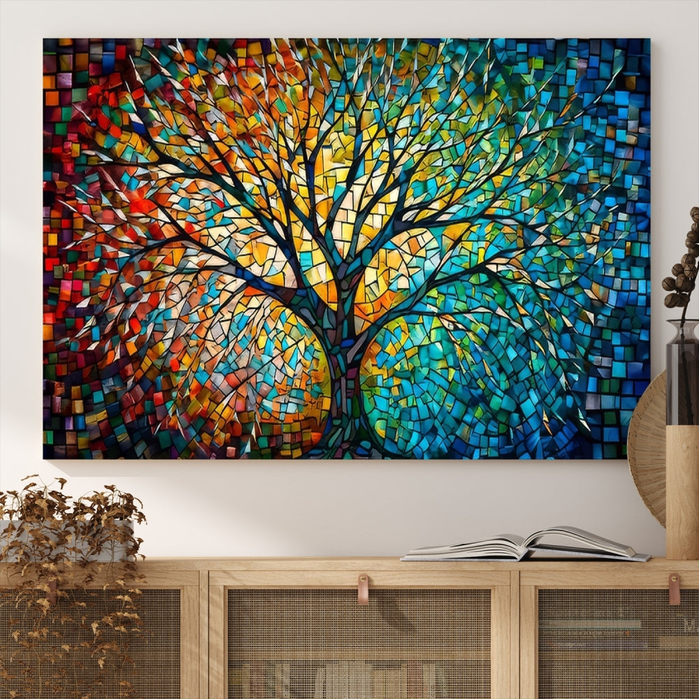 Stained Glass Vintage Tree Wall Art Canvas Print Framed Set of 3 Wall Decor