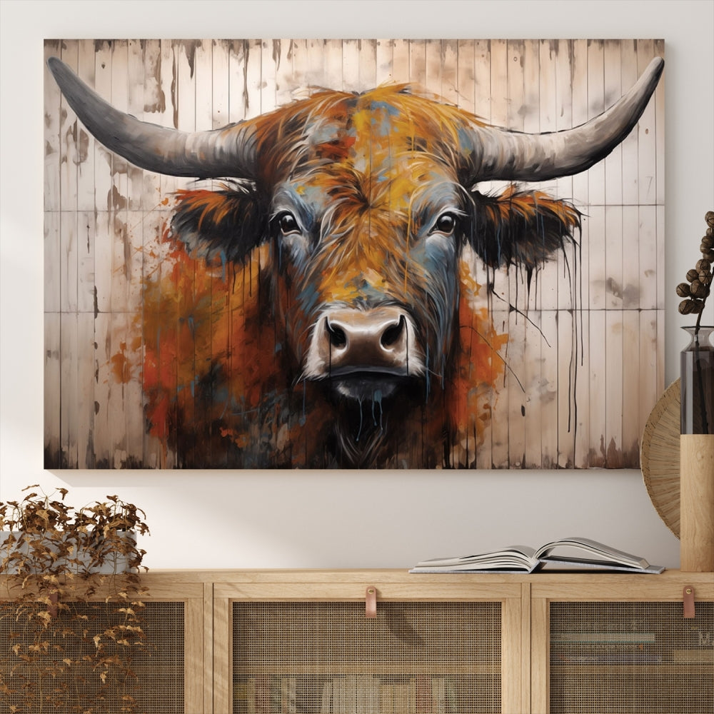 Highland Cow Retro Wall Art Canvas Print Cow Print Old Wall Background Farmhouse Decor