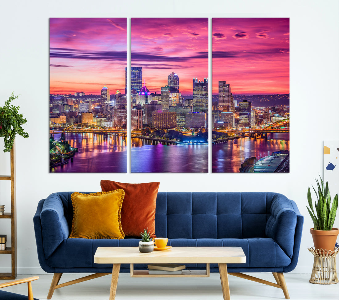 Pittsburgh Skyline Wall Art pink sky sunset cityscape Canvas Print Pennsylvania wall decor