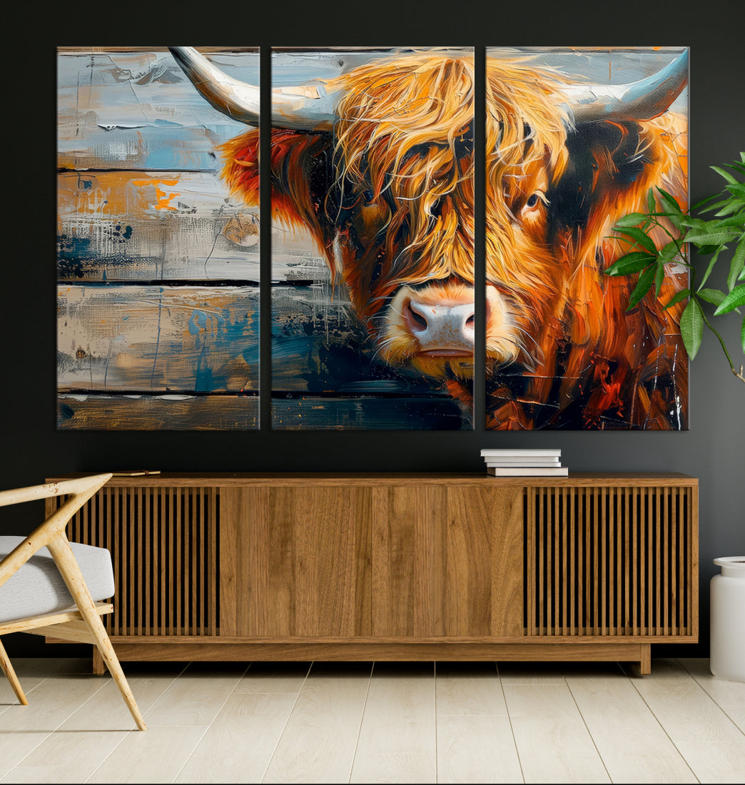 Cool Longhorn Cow on Old Wood Background Canvas Wall Art Print Framed and Shipped