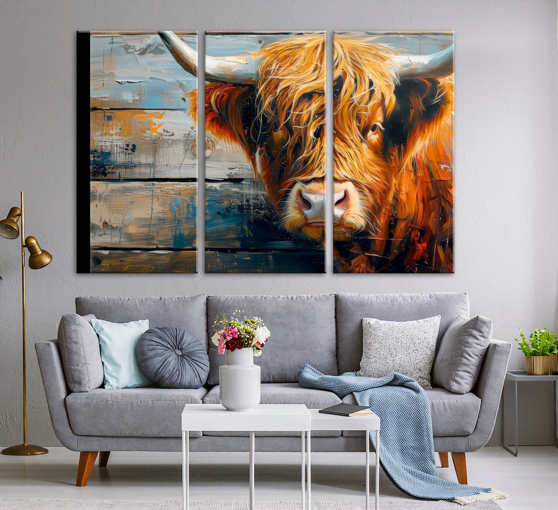 Cool Longhorn Cow on Old Wood Background Canvas Wall Art Print Framed and Shipped