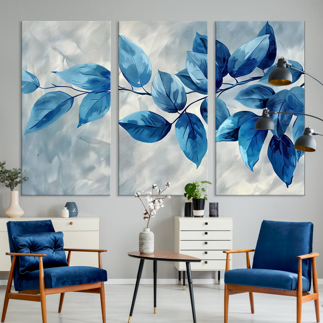 Blue leaves watercolor wall art Canvas print Botanical painting, Contemporary modern artwork