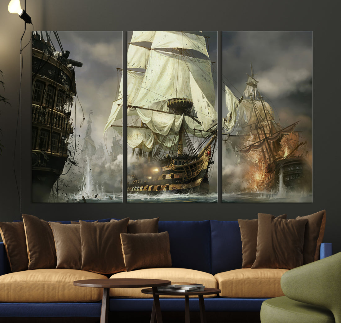 Pirate Battle Ships and Cannons Extra Large Canvas Wall Art Print Framed Set of 3