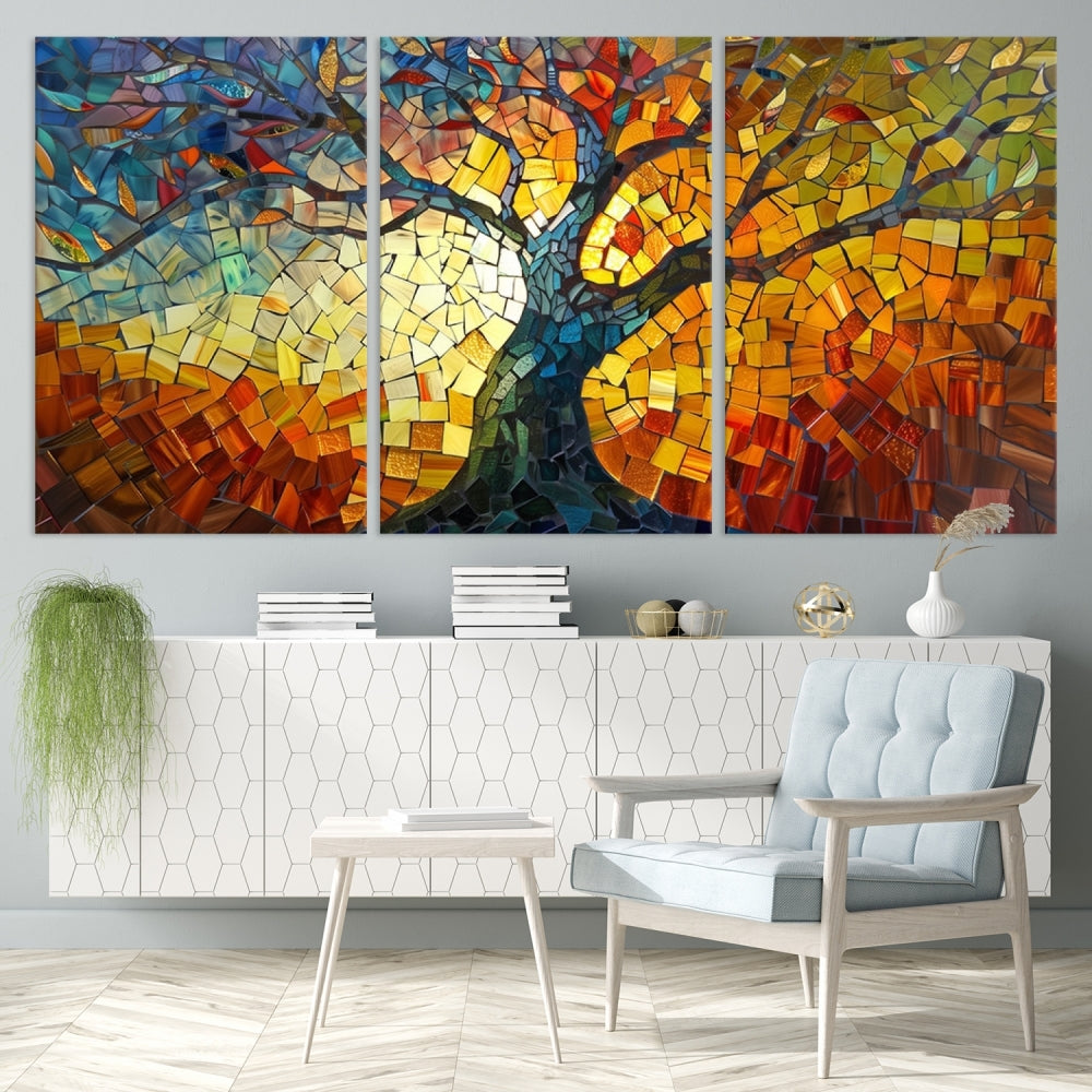 Stained Glass Celestial Tree Printed Wall Art Framed Canvas Print Modern Wall Decor