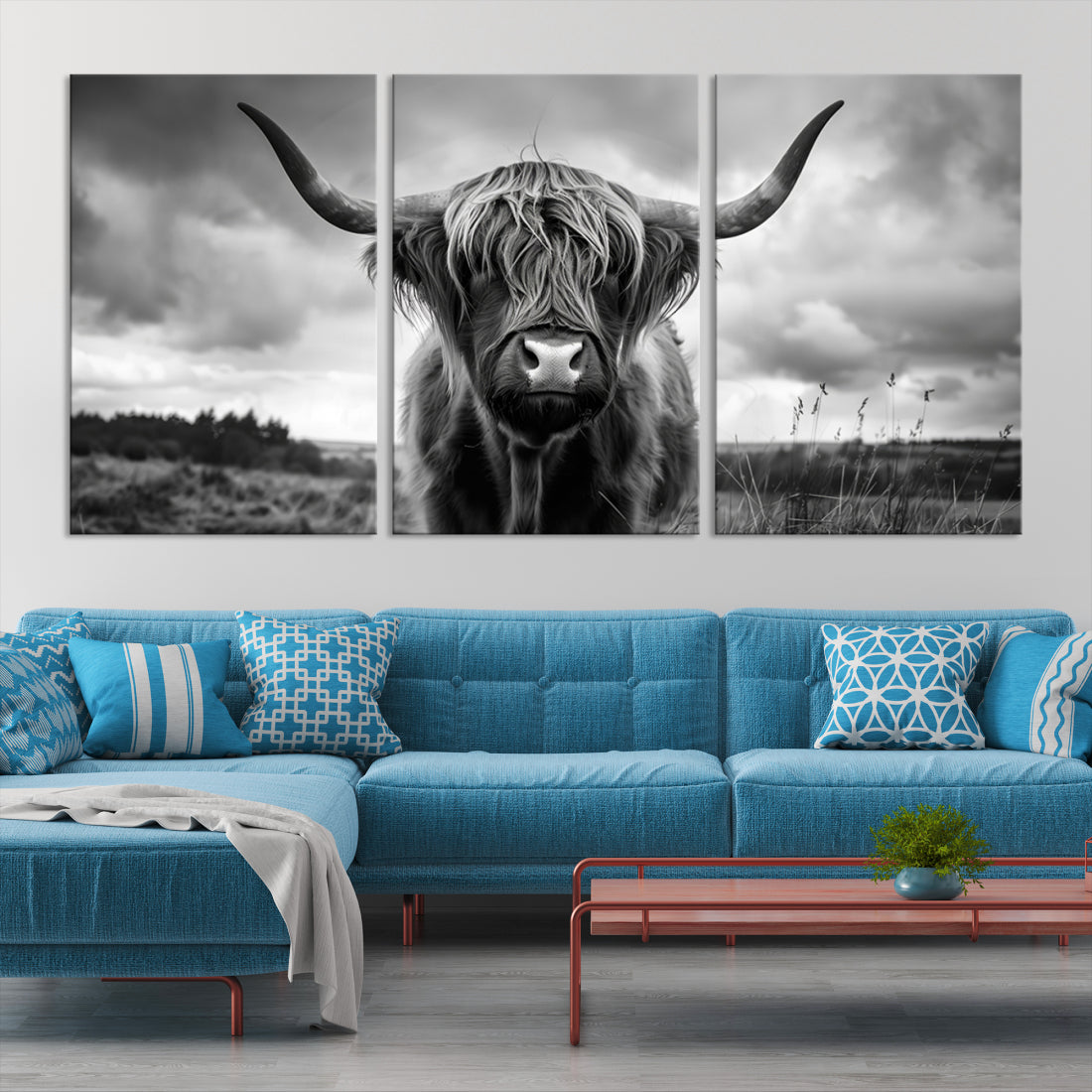 Longhorn Cow Black and White Canvas Print Framed Animal Art Farmhouse Wall Art