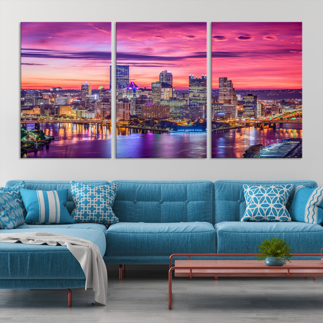 Pittsburgh Skyline Wall Art pink sky sunset cityscape Canvas Print Pennsylvania wall decor