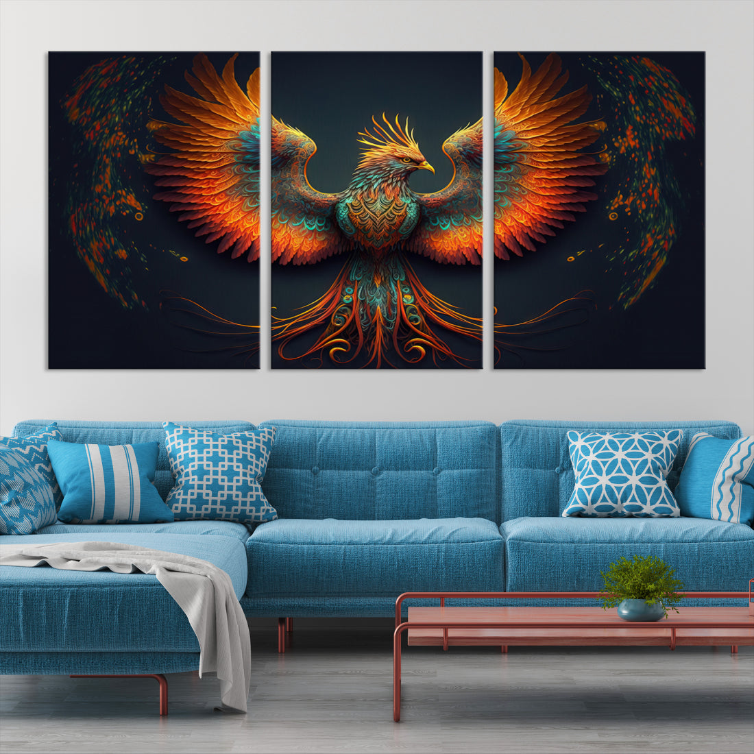 Red Orange Bird Canvas Art, Long Tailed Bird of Paradise, Phoenix Canvas Art,