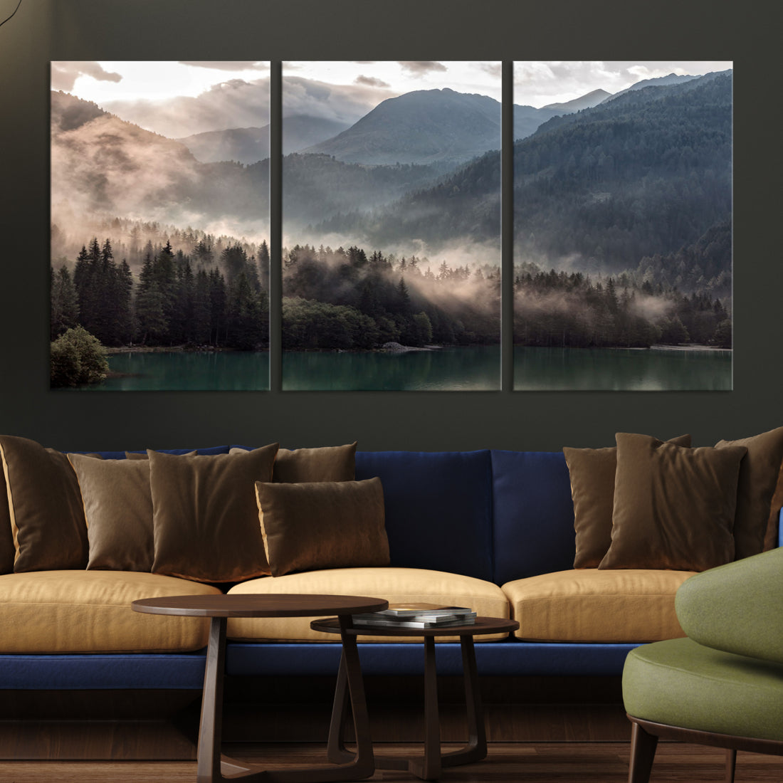 Green Foggy Forest Wall Art Mountain Landscape Canvas Print Living Room Wall Decor
