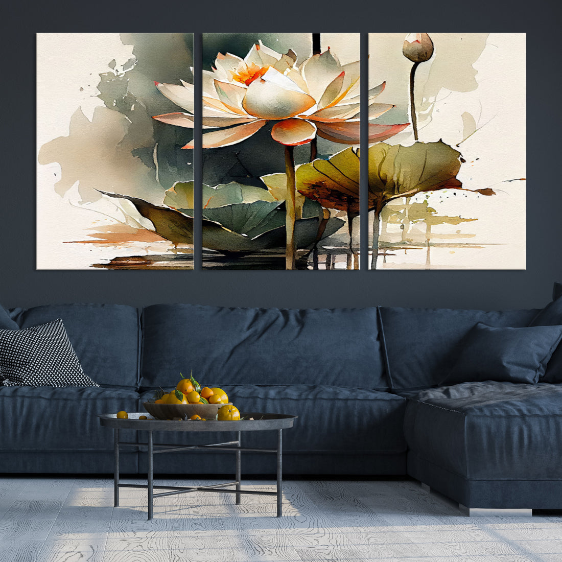 White Lotus Wall Art Floral Canvas Print, Lotus Flower Art Print, Set of 3 Wall Decor for Living Room
