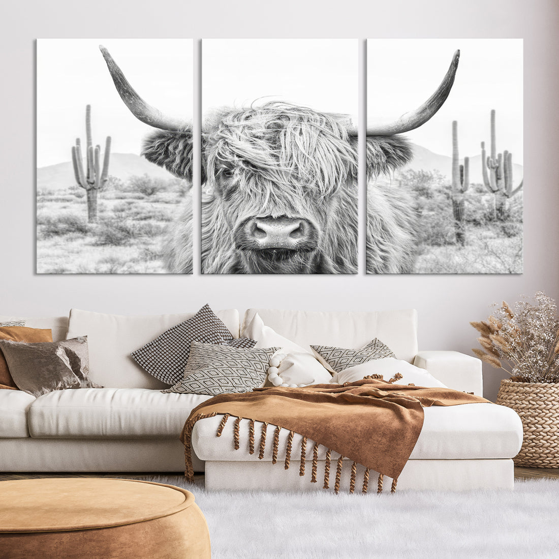 Longhorn Cow Wall Art Large Canvas Print Landscape Animal Framed Art Set of 3