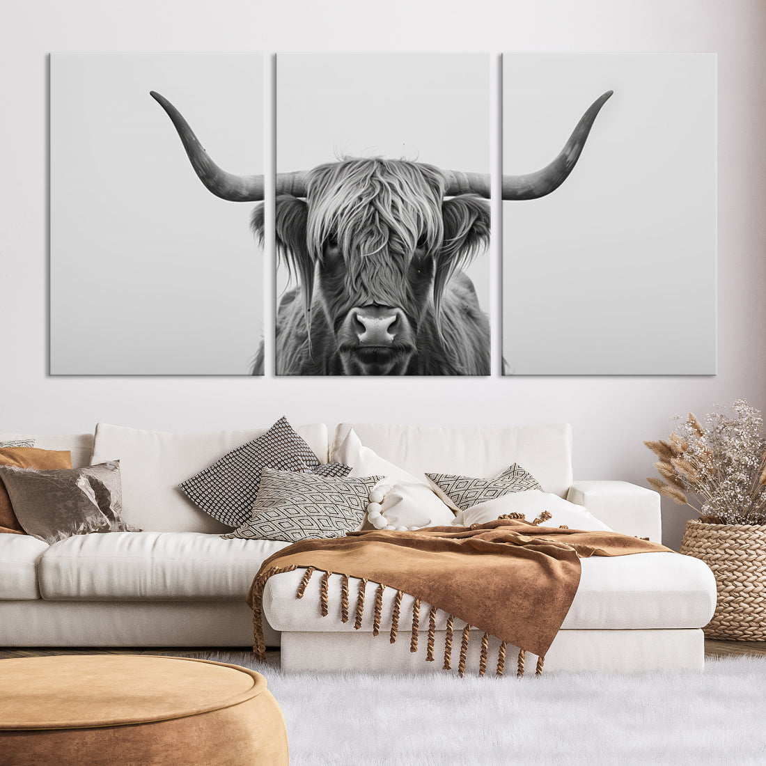Bighorn Cow Black and White Animal Canvas Print Farmhouse Mountain House Wall Decor
