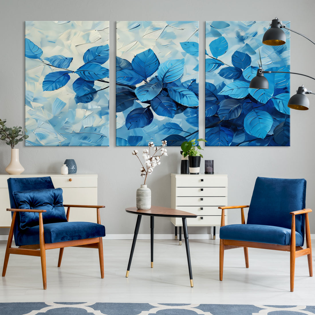 Tropical Blue Leaves Watercolor Wall Art Botanical Print Wall Art Canvas Set of 1,3 and 5