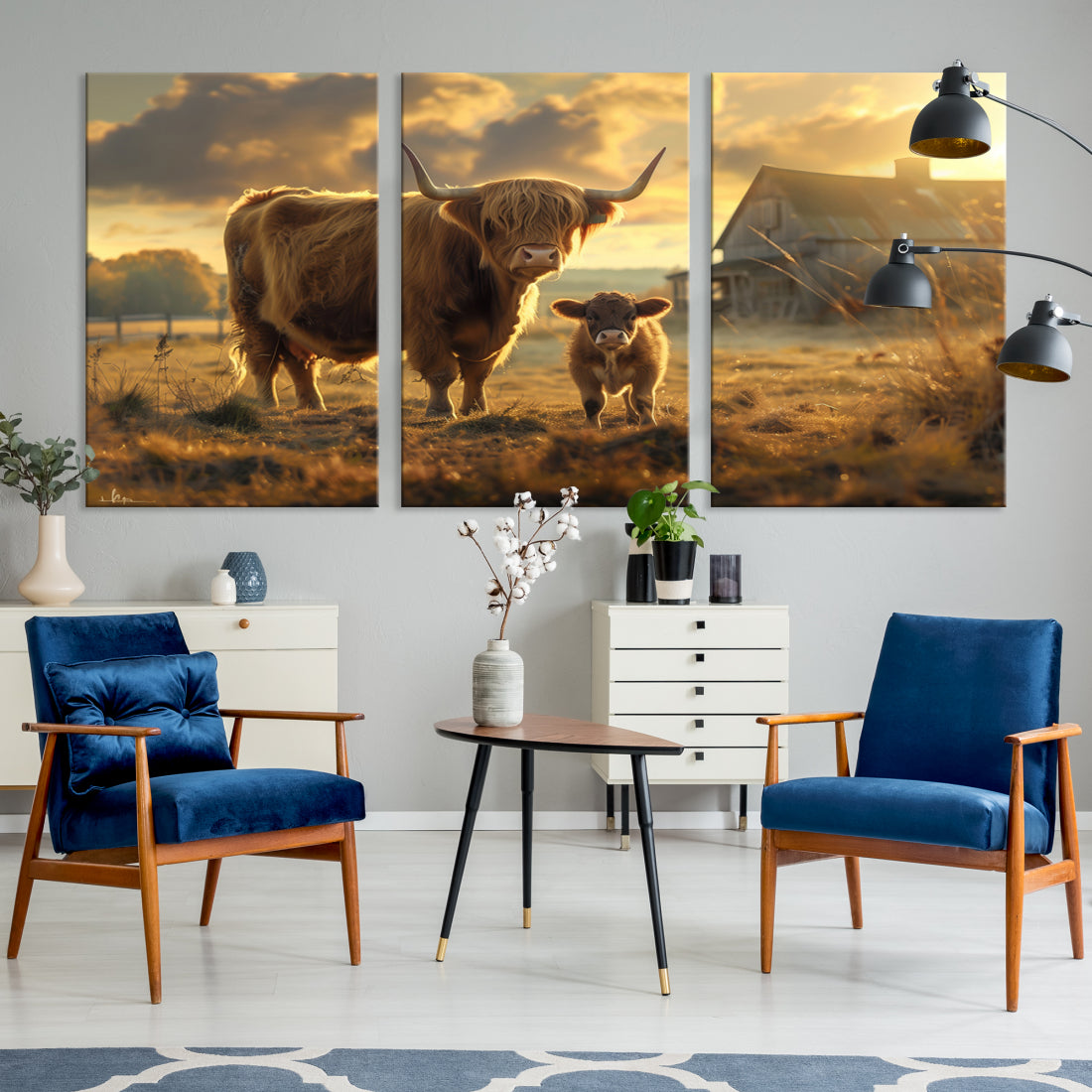 Highland Cow Canvas Wall Art Animal Print Pictures Fluffy Cattle Photo Framed Farmhouse Painting
