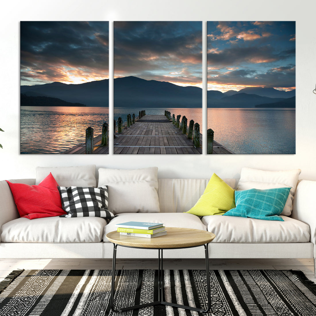 Amazing Sunset from Wooden Pier Canvas Print Relaxing Wall Art Large Living Room Wall Decor