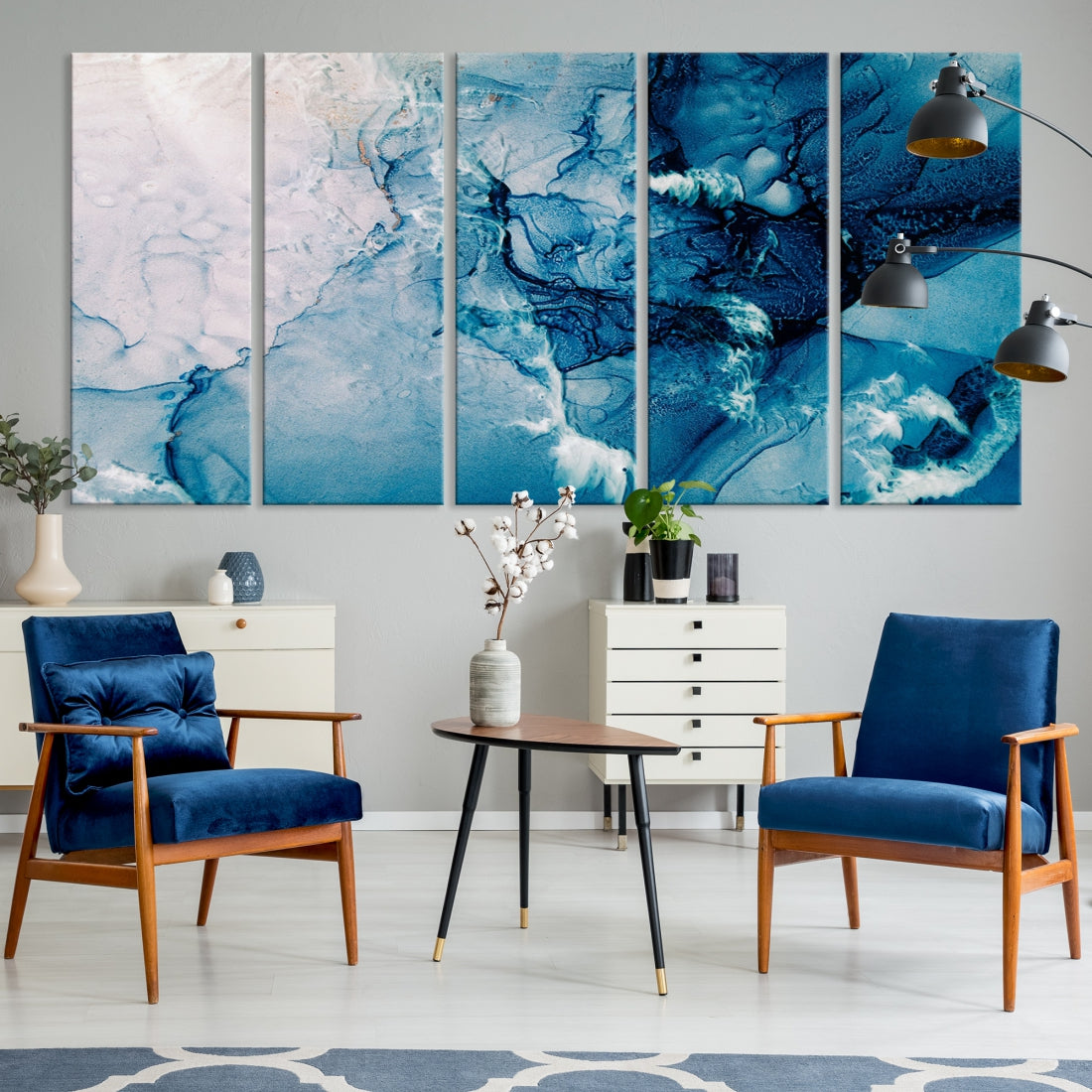 Large Blue Fluid Effect Abstract Marble Canvas Wall Art Print