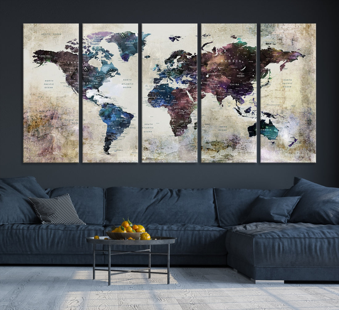 Dark Colored Vintage World Map Wall Art Print on Canvas for Living Room