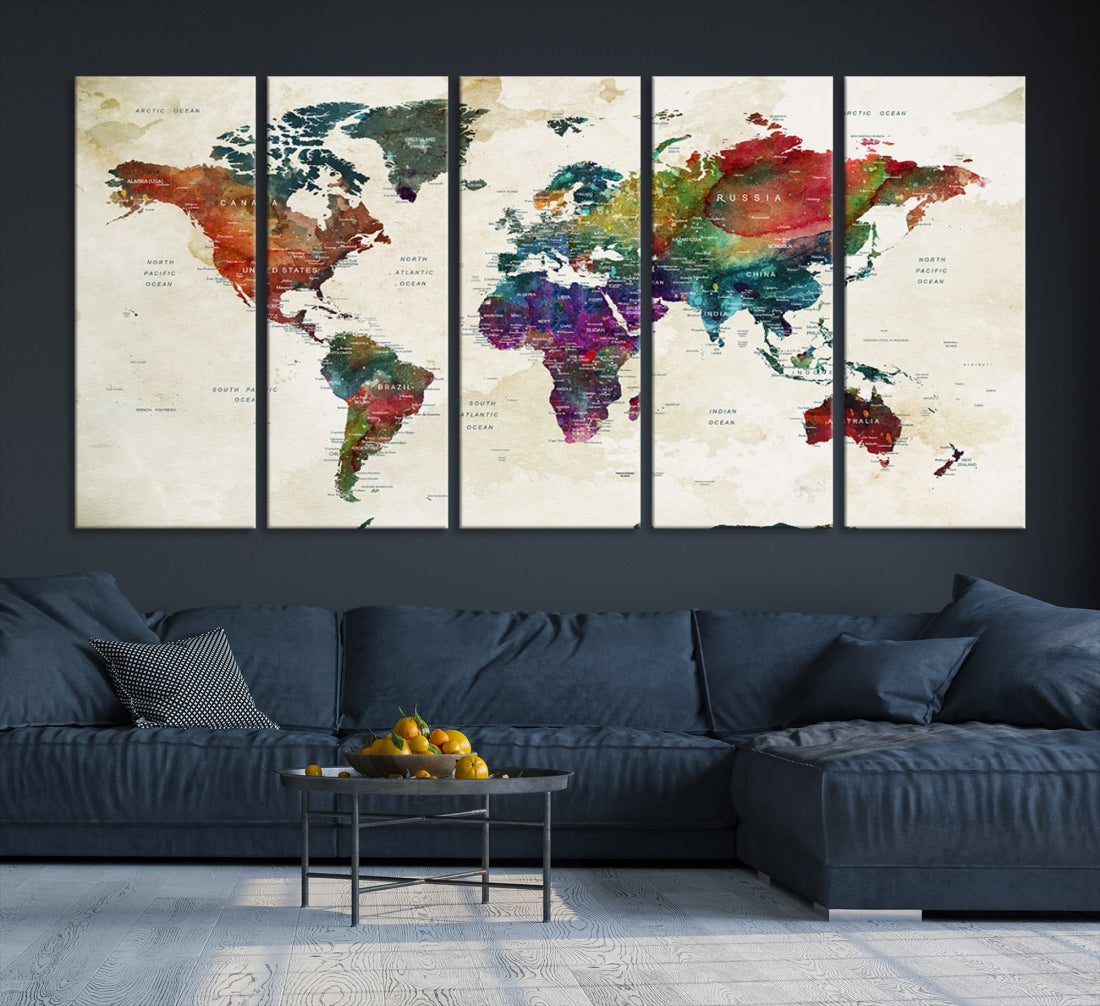 Colorful Vintage World Map Wall Art Print Grunge Travel Map Painting