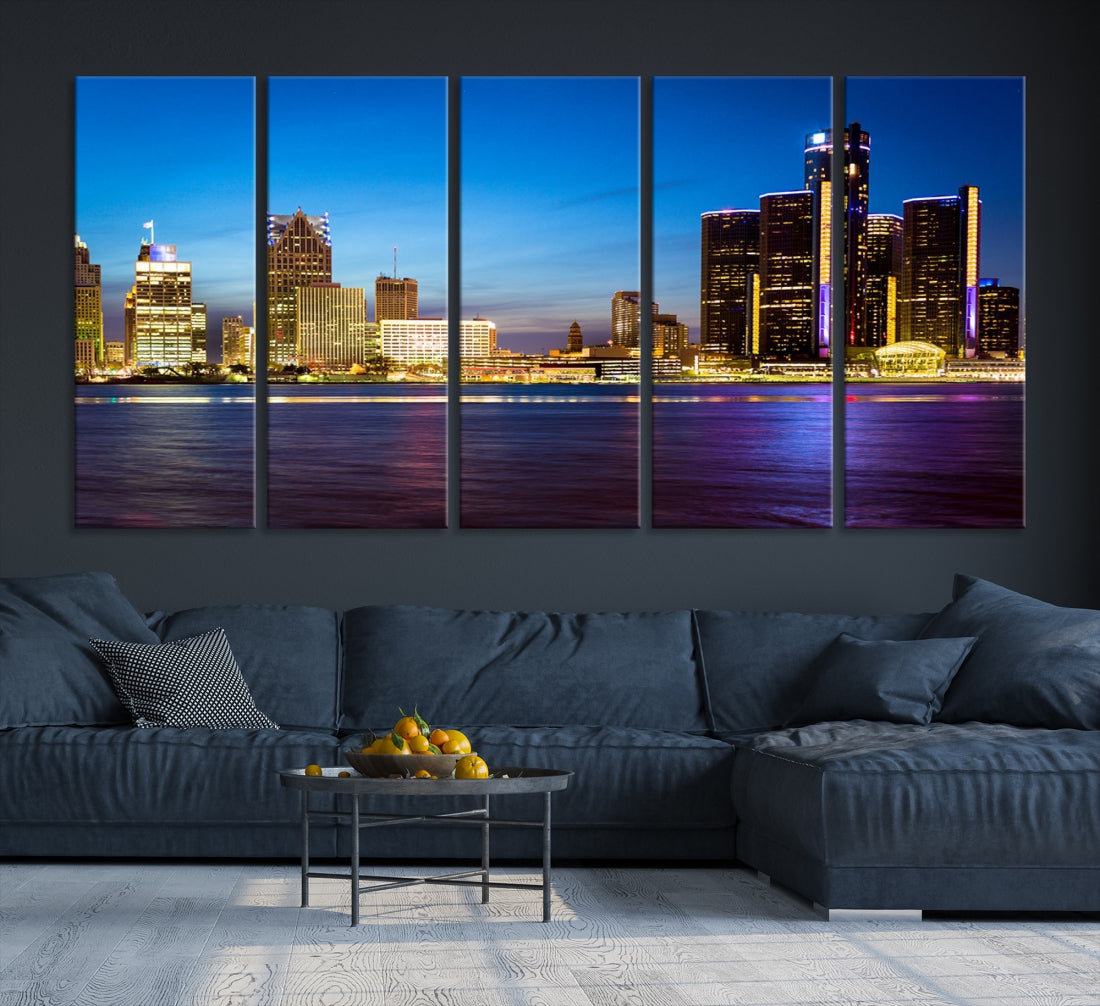 Extra Large Detroit Downtown Night Blue Skyline Canvas Wall Art Cityscape Print