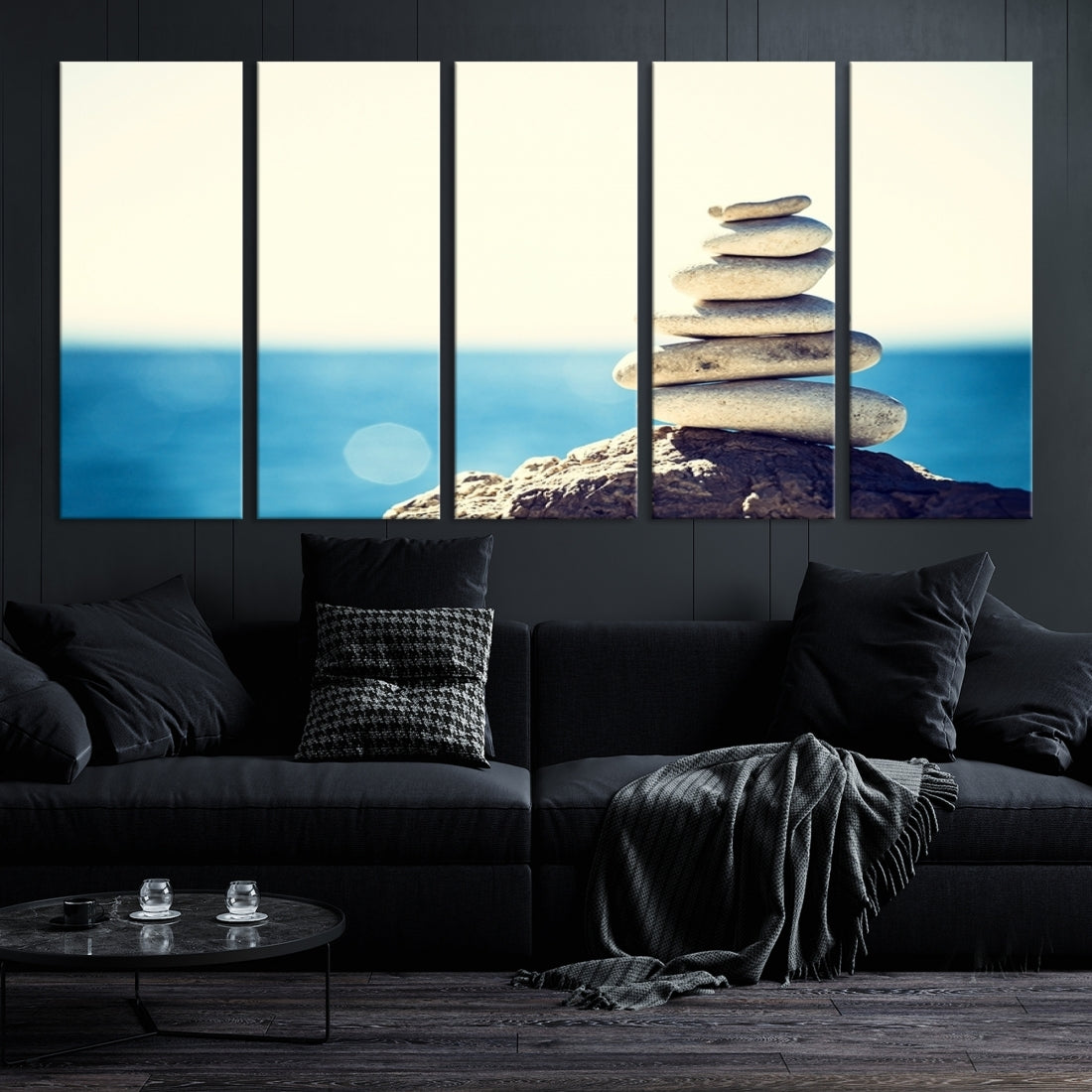 Zen Stones with Bright Sea and Sunshine on Background