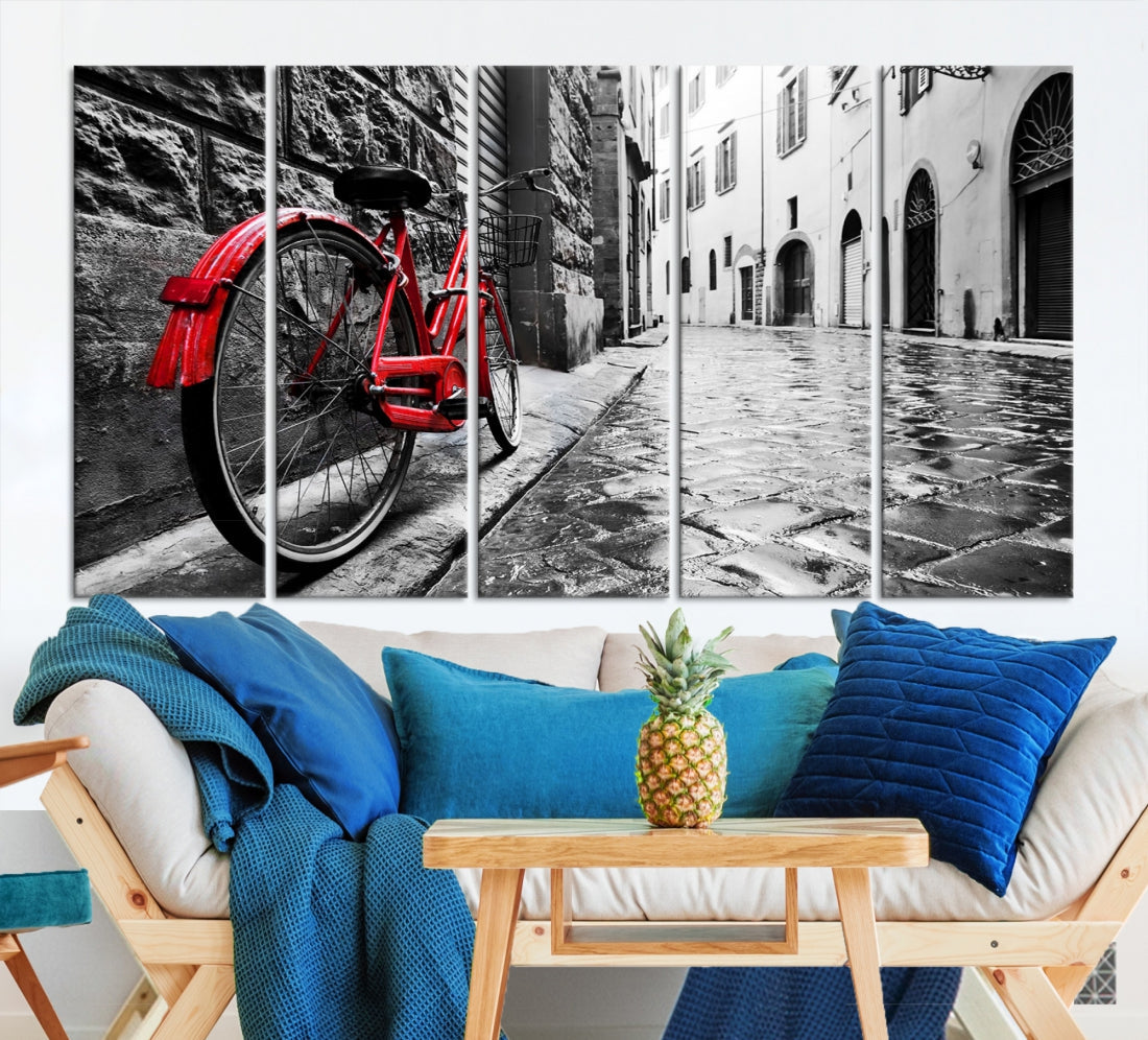 Vintage Red Bicycle on the Street Black and White Large Canvas Wall Art Giclee Print