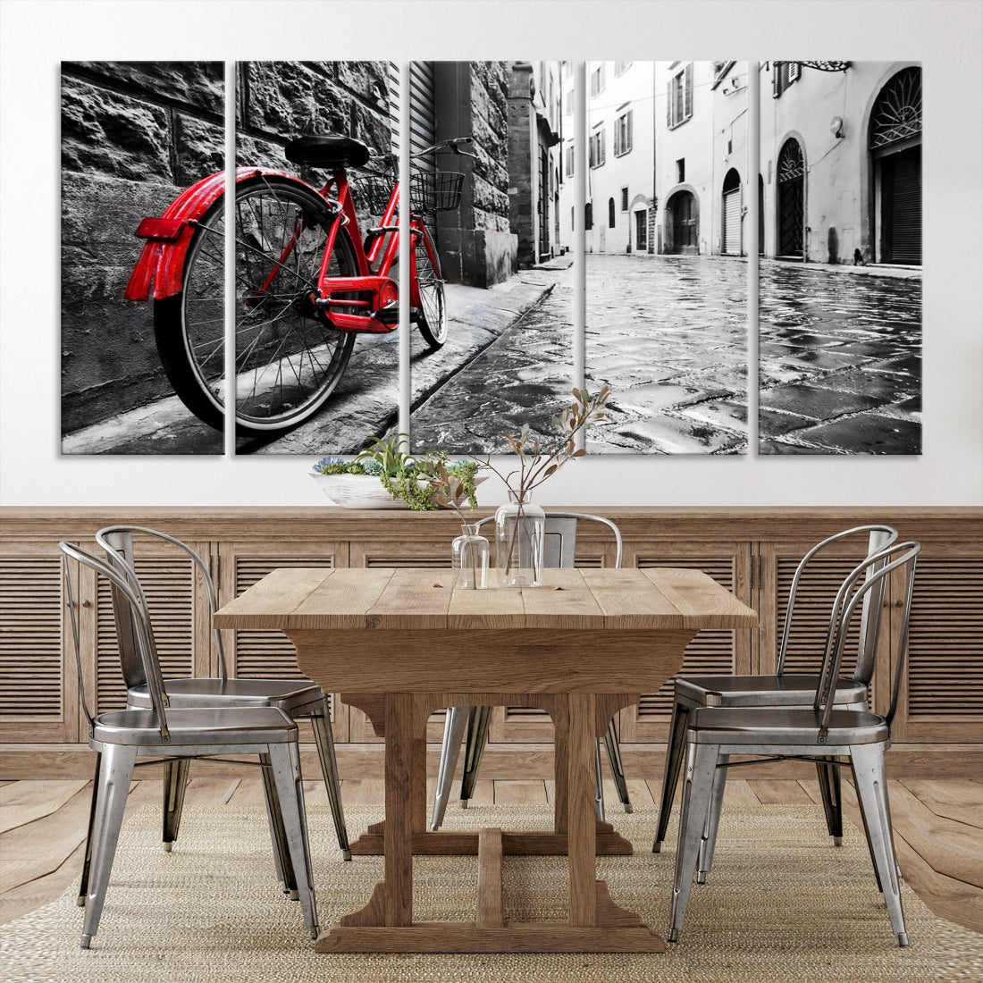 Vintage Red Bicycle on the Street Black and White Large Canvas Wall Art Giclee Print