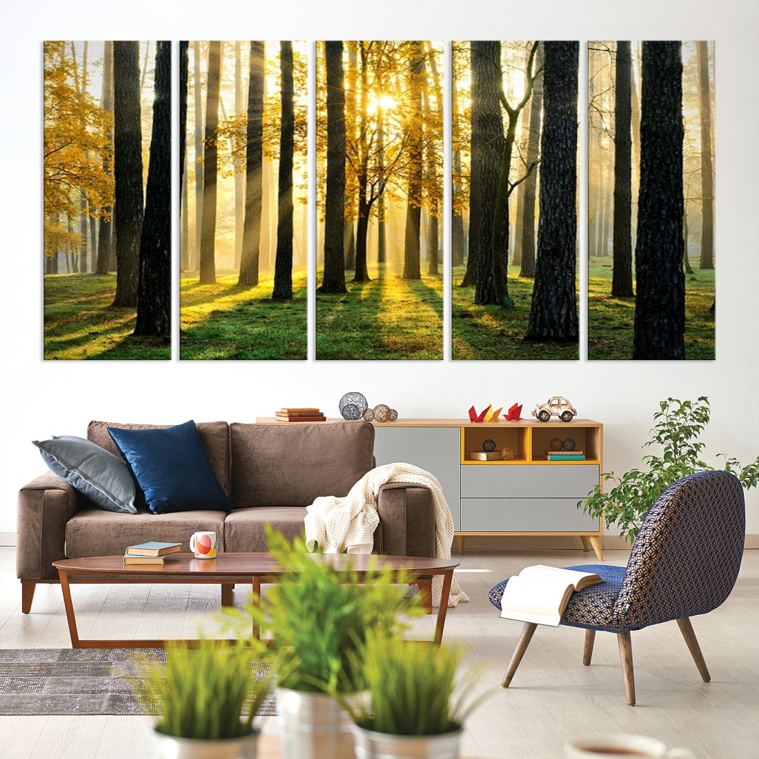 Tall Trees in Forest at Sunset Large Wall Art Landscape Canvas Print