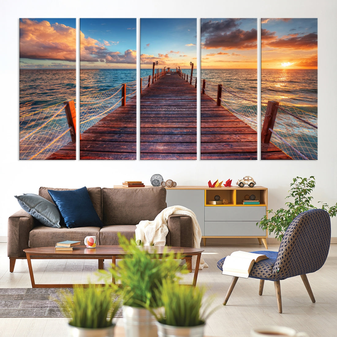 Multi Panel Sunset Beach and Pier Canvas Wall Art Giclee Print