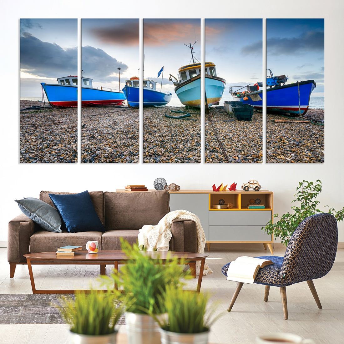 Colorful Boats On The Beach Large Wall Art Canvas Print Sailing Decor