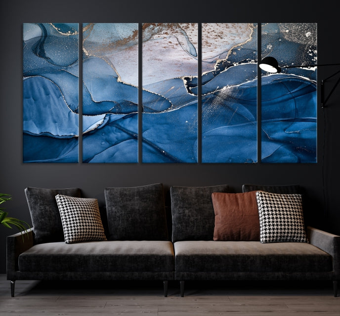 Add a Touch of Elegance to Your Art Collection with Our Navy Blue Abstract Marble Canvas Print with Fluid Effect