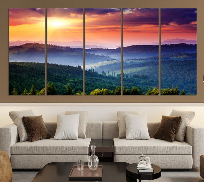 Sunset over Forest Mountain Nature Landscape Large Canvas Art Print for Wall Decor