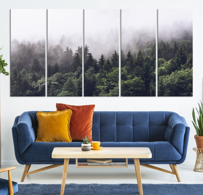 Trendy Forest Foggy Art Large Canvas Print, Misty Forest Trees Artwork Mountain Wall Art Canvas Print